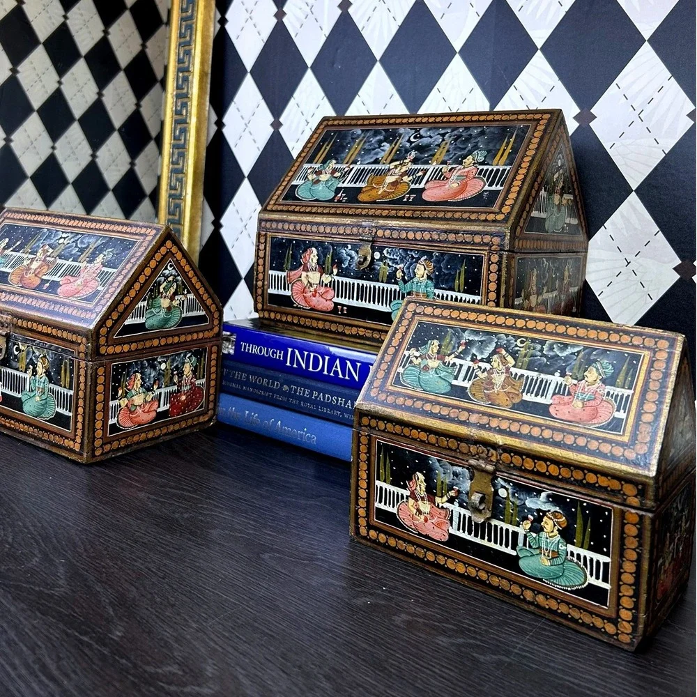Vintage Indian Hand Painted Nesting Wooden Box Set of 3 Folk Art Storage Chests